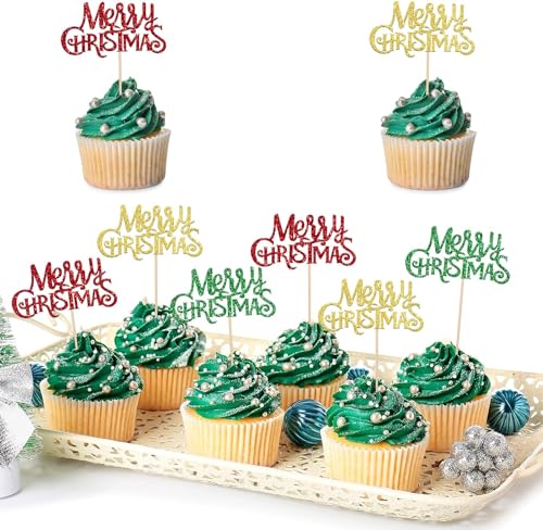 24 Stück Merry Christmas Cupcake Toppers Glitter Frohe Weihnachten Kuchen Toppers Frohe Weihnachten Xmas Thema Party Kuchen Dekorationen Zubehör Bunt von SYKYCTCY