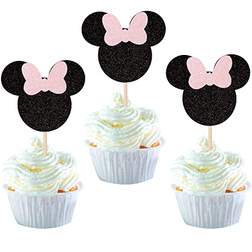 24 Stück mini Maus inspiriert Geburtstag Tortendeko mini Maus Happy Birthday Cake Topper mini Maus mit Schleife Maus Kuchendekoration für mini Happy Birthday Party Kuchendeko schwarz und rosa von SYKYCTCY