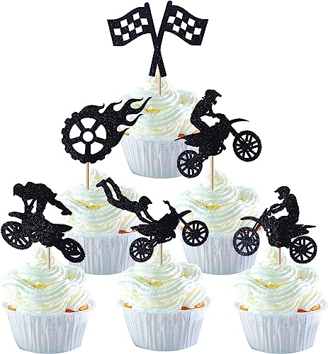 24 Stück Motorrad Tortendeko Glitter Schwarz Motocross Dirt Bike Kuchen Deko für Junge Geburtstag Sport Motocross Thema Cupcake Toppers Mann Geburtstag Party Kuchen Dekoration von SYKYCTCY