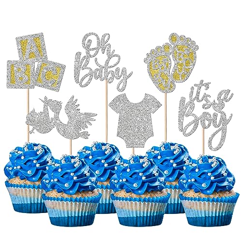 24 Stück Oh Baby Tortendeko It's a Boy Cupcake Toppers mit Strampler Jumpsuit Schwan Buchstaben Kuchen Deko Geschlecht Reveal Kuchen Dekorationen für Baby Junge Geburtstag Party Silber von SYKYCTCY