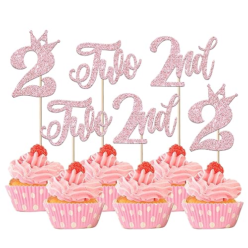 24 Stück One Geburtstag Tortendeko Glitzer Happy 2nd Geburtstag Cupcake Toppers Crown Happy Geburtstag Kuchen Deko für Baby-Dusche Zweite Geburtstag Party Kuchen Dekorationen Rosa von SYKYCTCY