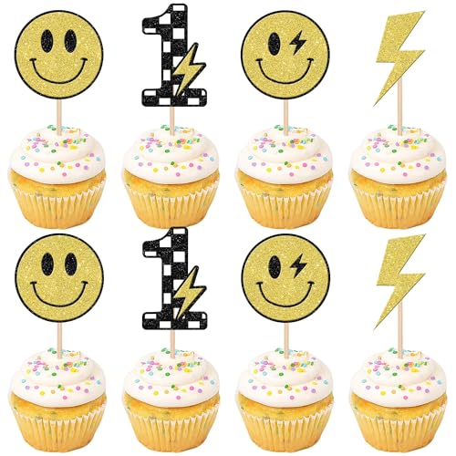 24 Stück One Happy Dude Tortendeko Glitzer Lächelndes Gesicht 1. Geburtstag Kuchen Deko Hippie Erster Geburtstag Cupcake Toppers für Groovy Baby Dusche 1. Geburtstag Party Kuchen Dekorationen von SYKYCTCY