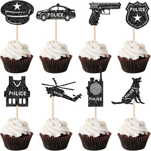 24 Stück Polizei Cupcake Toppers Glitzer Polizist Kuchen Deko Polizeiwagen Polizei Emblem Tortendeko für Polizei Thema Kinder Geburtstag Party Torten Dekoration Schwarz von SYKYCTCY