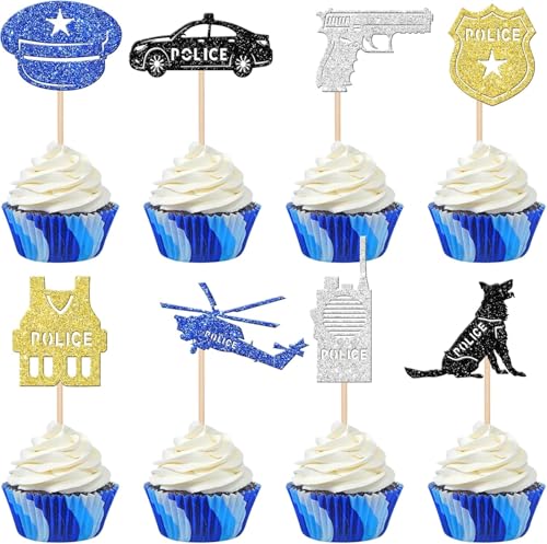 24 Stück Polizist Tortendeko Glitzer Polizei Cupcake Toppers Polizeiwagen Polizei Emblem Kuchen Deko für Polizei Thema Kinder Geburtstag Party Torten Dekoration Buntes von SYKYCTCY