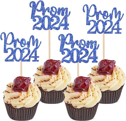 24 Stück Prom Abschluss Tortendeko Glitzer 2024 Prom College Cupcake Toppers für Congrats 2024 Absolvent Class of 2024 Thema Schule Abschluss Party Kuchen Deko Blau von SYKYCTCY