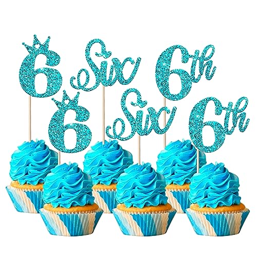 24 Stück Six Geburtstag Tortendeko Glitzer Happy 6th Geburtstag Cupcake Toppers Crown Happy Geburtstag Kuchen Deko für Sechste Geburtstag Party Kuchen Dekorationen Blau von SYKYCTCY