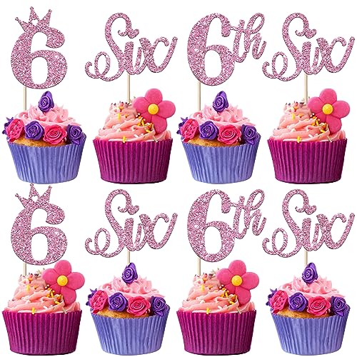 24 Stück Six Geburtstag Tortendeko Glitzer Happy 6th Geburtstag Cupcake Toppers Crown Happy Geburtstag Kuchen Deko für Sechste Geburtstag Party Kuchen Dekorationen Lila von SYKYCTCY