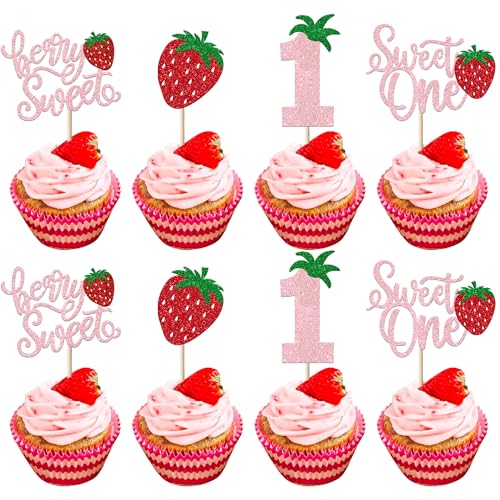 24 Stück Sweet One Tortendeko Glitzer Erster Geburtstag Strawberry Kuchen Deko Erdbeere Cupcake Toppers für Obst Baby Dusche 1. Geburtstag Berry Sweet Cupcake Dekorationen Party Rosa von SYKYCTCY