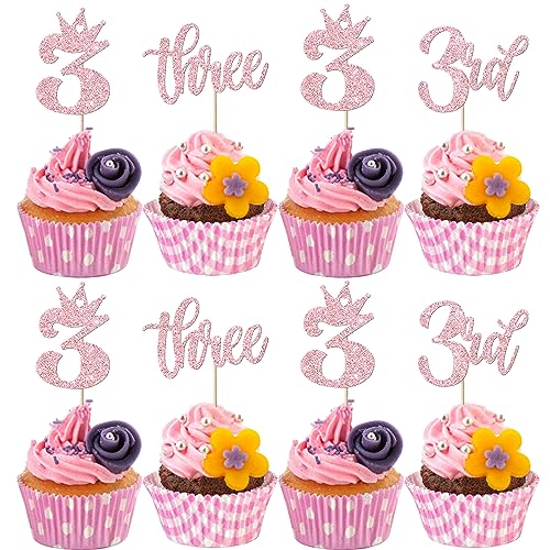 24 Stück Three Geburtstag Tortendeko Glitzer Happy 3rd Geburtstag Cupcake Toppers Crown Happy Geburtstag Kuchen Deko für Baby-Dusche Dritte Geburtstag Party Kuchen Dekorationen Rosa von SYKYCTCY