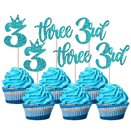 24 Stück Three Geburtstag Tortendeko Glitzer Happy 3rd Geburtstag Cupcake Toppers Crown Happy Geburtstag Kuchen Deko für Dritte Geburtstag Party Kuchen Dekorationen Blau von SYKYCTCY