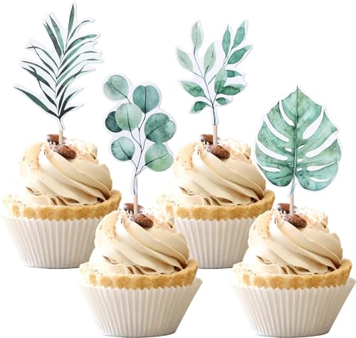 24 Stück Tropische Palmwedel Tortendeko Gedruckt Grüne Blätter Hawaii Luau Cupcake Toppers für Pflanze Blatt Sommer Tropical Theme Geburtstag Party Kuchen Dekorationen von SYKYCTCY