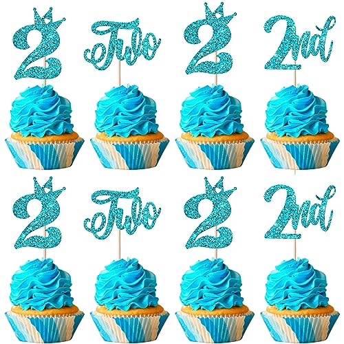 24 Stück Two Geburtstag Tortendeko Glitzer Happy 2nd Geburtstag Cupcake Toppers Crown Happy Geburtstag Kuchen Deko für Zweite Geburtstag Party Kuchen Dekorationen Blau von SYKYCTCY