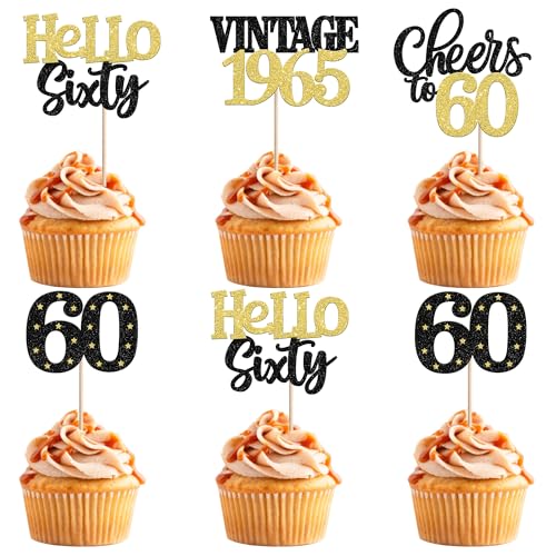 24 Stück Vintage 1965 Tortendeko Glitzer Hello Sixty Cheers to 60 Cupcake Toppers 60 Fabulous Kuchen Deko für 60. Geburtstag Hochzeitstag Party Kuchen Dekorationen Schwarz Gold von SYKYCTCY