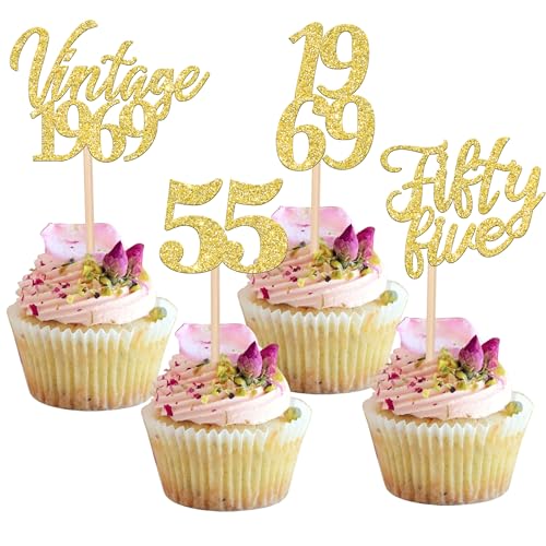 24 Stück Vintage 1969 Tortendeko Glitzer 55 Fifty Five Geburtstag Cupcake Toppers Awesome Since 1969 Fabulous 55 Kuchen Deko for 55th Geburtstag Jahrestag Party Kuchen Dekoration Gold von SYKYCTCY