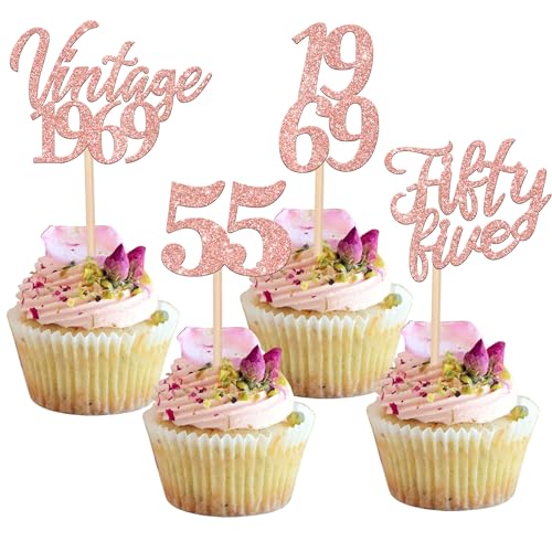 24 Stück Vintage 1969 Tortendeko Glitzer 55 Fifty Five Geburtstag Cupcake Toppers Awesome Since 1969 Fabulous 55 Kuchen Deko for 55th Geburtstag Jahrestag Party Kuchen Dekoration Rosegold von SYKYCTCY