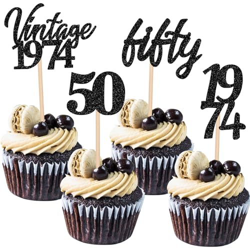 24 Stück Vintage 1974 Tortendeko Glitzer 50 Fifty Geburtstag Cupcake Toppers Awesome Since 1974 Fabulous 50 Kuchen Deko for 50th Geburtstag Jahrestag Party Kuchen Dekoration Schwarz von SYKYCTCY