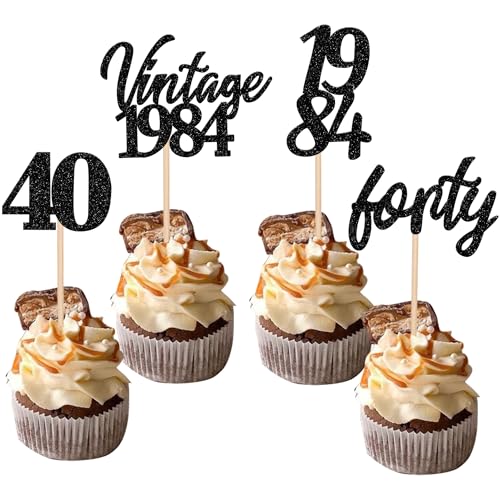 24 Stück Vintage 1984 Tortendeko Glitzer 40 Forty Geburtstag Cupcake Toppers Awesome Since 1984 Fabulous 40 Kuchen Deko for 40th Geburtstag Jahrestag Party Kuchen Dekoration Schwarz von SYKYCTCY