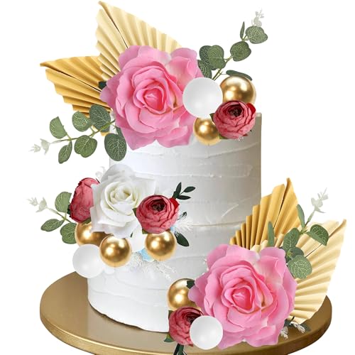 25 Stück Boho Blume Kuchen Dekorationen Sets Kugel Kuchen Deko Künstliche weiße rosa Rose Blumen Papier Palme Fan Tortendeko für Baby-Dusche DIY Hochzeit Geburtstag Party Zubehör von SYKYCTCY