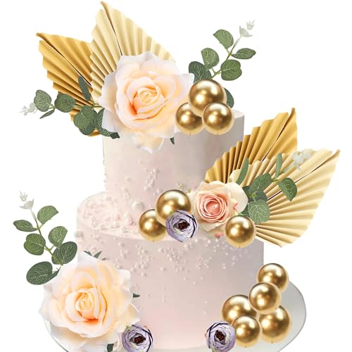 25 Stück Boho Kuchen Dekorationen Sets Papier Palme Fächer Blume Tortendeko Gold Kugel Kuchen Deko für Baby Shower Kinder Jungen Mädchen Hochzeit Geburtstag Party von SYKYCTCY