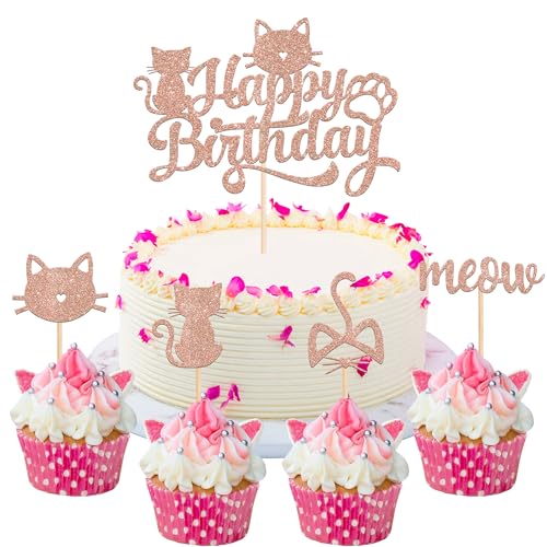 25 Stück Katze Cupcake Toppers Glitzer Katze Tortendeko Kätzchen Kuchen Deko für Kätzchen Thema Baby Dusche Kinder Geburtstag Party Kuchen Dekorationen Rosegold von SYKYCTCY