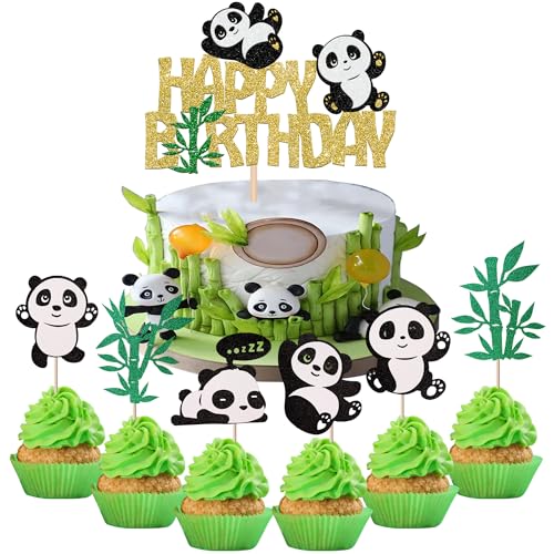 25 Stück Panda Happy Birthday Tortendeko Glitzer Grün Bambus Cupcake Toppers Niedliches Tier Kuchen Deko für Baby Dusche Kinder Geburtstag Party Kuchen Dekoration Gold von SYKYCTCY