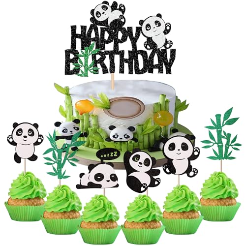 25 Stück Panda Happy Birthday Tortendeko Glitzer Grün Bambus Cupcake Toppers Niedliches Tier Kuchen Deko für Baby Dusche Kinder Geburtstag Party Kuchen Dekoration Schwarz von SYKYCTCY