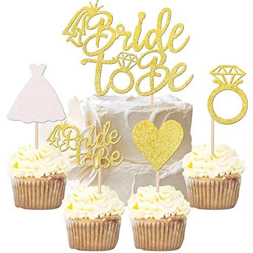 25 Stück Wedding Cake Toppers Glitter Bride Geburtstag Tortendeko Heart Ring Dress Kuchendekoration für Verlobung Junggesellenabschied Hochzeit Brautdusche Party Kuchen Dekoendeko Gold von SYKYCTCY