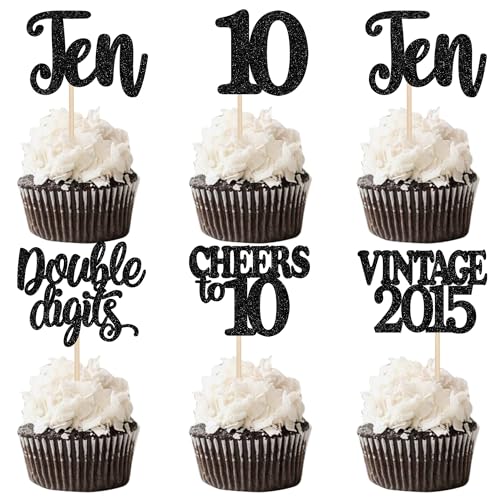 30 Stück 10th Geburtstag Kuchen Deko Vintage 2015 Cupcake Toppers Ten Happy 10th Cheers to 10 Tortendeko für Prost auf 10 Jahre Geburtstag Jahrestag Party Kuchen Dekoration Schwarz von SYKYCTCY