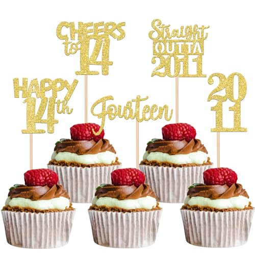 30 Stück 14th Geburtstag Cupcake Toppers Glitzer Straight Outta 2011 Kuchen Deko Fourteen Happy 10th Tortendeko für Prost auf 14 Jahre Geburtstag Hochzeit Jahrestag Party Kuchen Dekoration Gold von SYKYCTCY