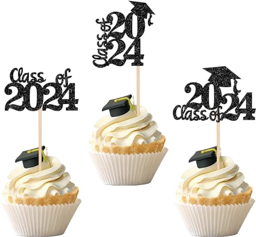 30 Stück 2024 Abschluss Tortendeko Class of 2024 Cupcake Toppers Glitzer Grad Cap Kuchen Deko Absolvent Kuchen Dekoration für 2024 Schule Abschluss Thema Party Torten Dekorationen Schwarz von SYKYCTCY