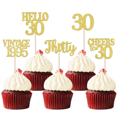 30 Stück 30th Geburtstag Cupcake Toppers Vintage 1995 Kuchen Deko Cheers to 30 Tortendeko für Prost auf 30 Jahre Geburtstag Hochzeit Jahrestag Party Kuchen Dekoration Gold von SYKYCTCY