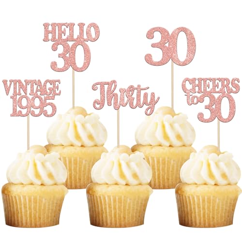 30 Stück 30th Geburtstag Cupcake Toppers Vintage 1995 Kuchen Deko Cheers to 30 Tortendeko für Prost auf 30 Jahre Geburtstag Hochzeit Jahrestag Party Kuchen Dekoration Rosegold von SYKYCTCY