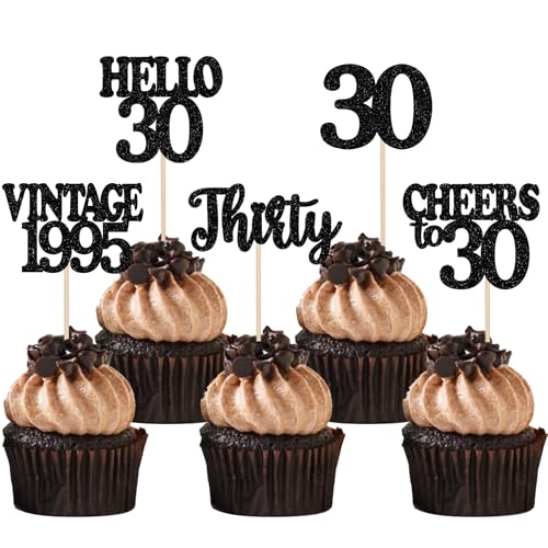 30 Stück 30th Geburtstag Cupcake Toppers Vintage 1995 Kuchen Deko Cheers to 30 Tortendeko für Prost auf 30 Jahre Geburtstag Hochzeit Jahrestag Party Kuchen Dekoration Schwarz von SYKYCTCY