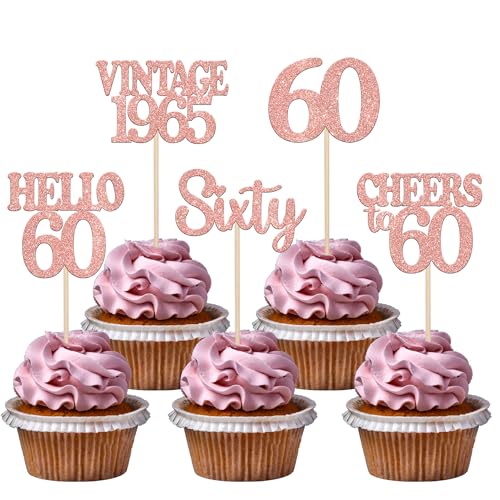 30 Stück 60th Geburtstag Cupcake Toppers Glitzer Vintage 1965 Kuchen Deko Cheers to 60 Happy 60th Tortendeko für Prost auf 60 Jahre Geburtstag Jahrestag Party Kuchen Dekoration Rosegold von SYKYCTCY