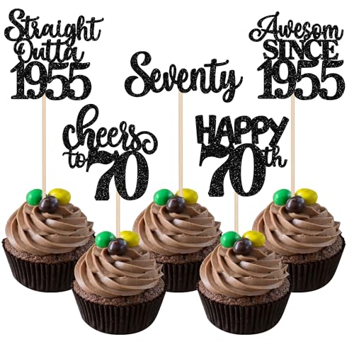 30 Stück 70th Geburtstag Cupcake Toppers Glitzer Straight Outta 1955 Kuchen Deko Awesome Since 1955 Happy 70th Tortendeko für Prost auf 70 Jahre Geburtstag Jahrestag Party Kuchen Dekoration Schwarz von SYKYCTCY