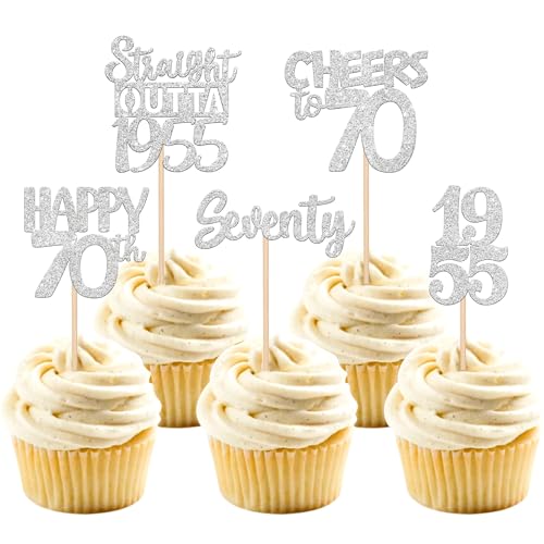 30 Stück 70th Geburtstag Cupcake Toppers Glitzer Straight Outta 1955 Kuchen Deko Happy 70th Tortendeko für Prost auf 70 Jahre Geburtstag Hochzeit Jahrestag Party Kuchen Dekoration Silber von SYKYCTCY