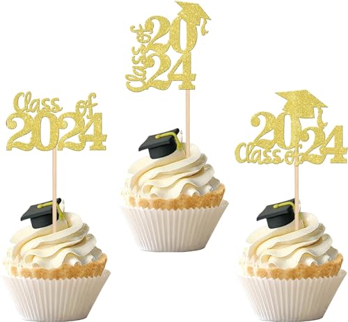 30 Stück Class of 2024 Tortendeko Abschluss Cupcake Toppers Glitzer Grad Cap Kuchen Deko Absolvent Kuchen Dekoration für 2024 Schule Abschluss Thema Party Torten Dekorationen Gold von SYKYCTCY