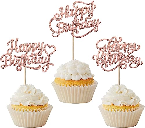 30 Stück Happy Birthday Tortendeko Glitzer Geburtstag Cupcake Toppers zum Feiern alles Gute zum Geburtstag Party Kuchen Dekorationen Zubehör Rosegold von SYKYCTCY