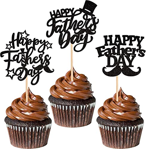 30 Stück Happy Father's Day Tortendeko Glitzer Moustache Hat Cupcake Toppers Love Dad Kuchen Deko für Father's Day Thema Party Geburtstag Männer Geburtstag Party Schwarz von SYKYCTCY