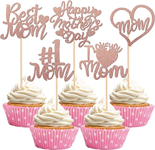 30 Stück Happy Mother's Day Tortendeko, Buntes Glitzern Herz #1 Mom Best Mom Cupcake Toppers Kuchen Deko Cake Topper Kuchen Dekorationen für Glückliche Muttertag Thema Frauen Geburtstag Party Rosegold von SYKYCTCY