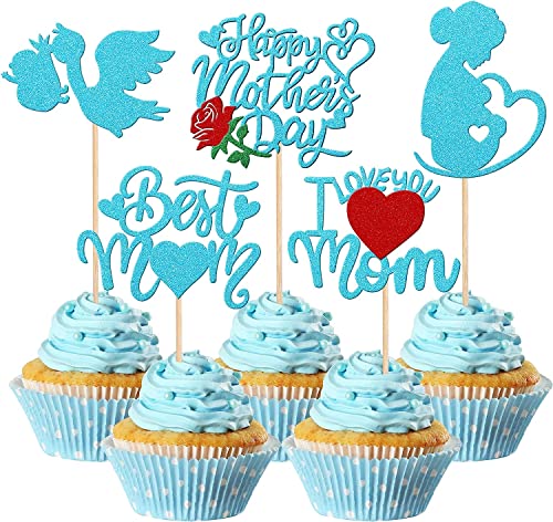 30 Stück Happy Mother's Day Tortendeko, Glitter Schwangere Frauen Love Mother Cupcake Picks Best Mom Deko Kuchen für glückliche Muttertag Thema Frauen Geburtstag Party Kuchen Dekorationen Zubehör Blau von SYKYCTCY