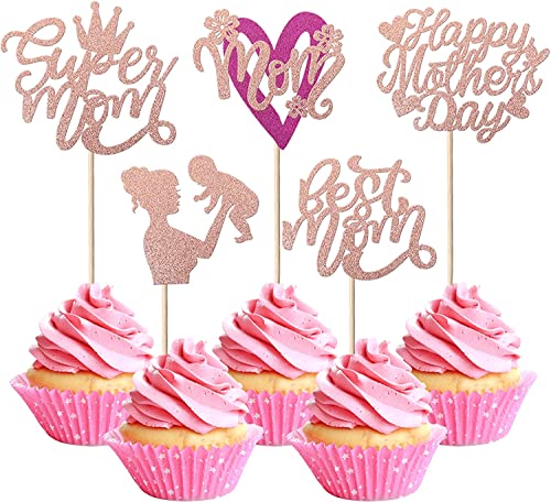 30 Stück Happy Mother's Day Tortendeko, Glitzer Herz Cake Toppers Krone Kuchen Deko Cupcake Toppers für Glücklicher Muttertag Thema Frauen Geburtstag Party Supplies Rosegold von SYKYCTCY