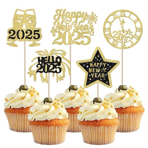 30 Stück Happy New Year 2025 Cupcake Toppers Glitzer Hello 2025 Tortendeko Prost auf 2025 Kuchen Deko Willkommen 2025 Kuchen Dekoration für 2025 Frohes Neues Jahr Party Torten Dekoration Gold Schwarz von SYKYCTCY