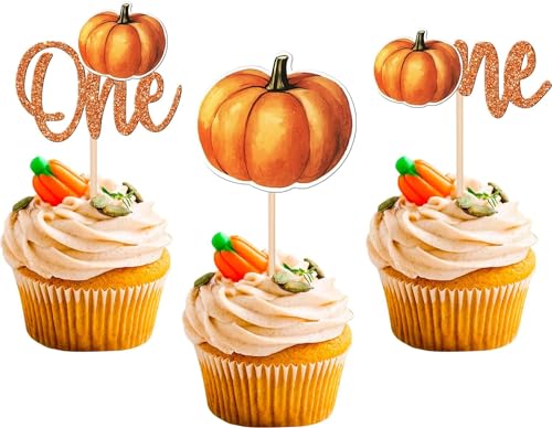 30 Stück Kürbis One Tortendeko Herbst Thema Erster Geburtstag Cupcake Toppers Halloween Kuchen Deko für Kürbis Thema Baby Dusche 1. Geburtstag Party Kuchen Dekorationen Orange von SYKYCTCY