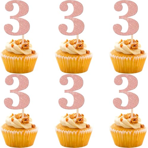 30 Stück Nummer 3 Tortendeko Glitzer 3rd Geburtstag Cupcake Toppers Alter Drei Prost auf 3 Jahre alt Kuchen Deko für 3. Jahrestag Kinder Geburtstag Party Kuchen Dekorationen Rosegold von SYKYCTCY