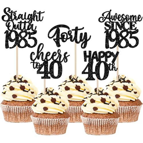 30 Stück Straight Outta 1985 Geburtstag Tortendeko Glitzer Happy 40th Awesome Since 1985 Cupcake Toppers für Prost auf 40 Jahre Geburtstag Hochzeit Jahrestag Party Kuchen Dekoration Schwarz von SYKYCTCY