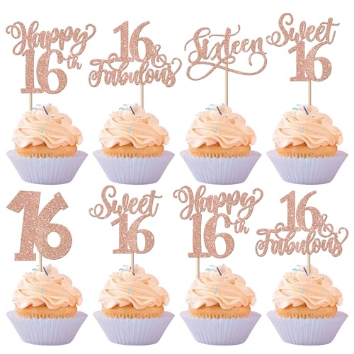 30 Stück Sweet 16th Geburtstag Cupcake Toppers Glitzer Sweet Teenager 16 Sixteen Tortendeko Happy 16 Geburtstag Jahre alt Kuchen Deko for Sixteen Geburtstag Jahrestag Party Kuchen Dekoration Rosegold von SYKYCTCY