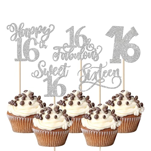 30 Stück Sweet 16th Geburtstag Cupcake Toppers Glitzer Sweet Teenager 16 Sixteen Tortendeko Happy 16 Geburtstag Jahre alt Kuchen Deko for Sixteen Geburtstag Jahrestag Party Kuchen Dekoration Silber von SYKYCTCY