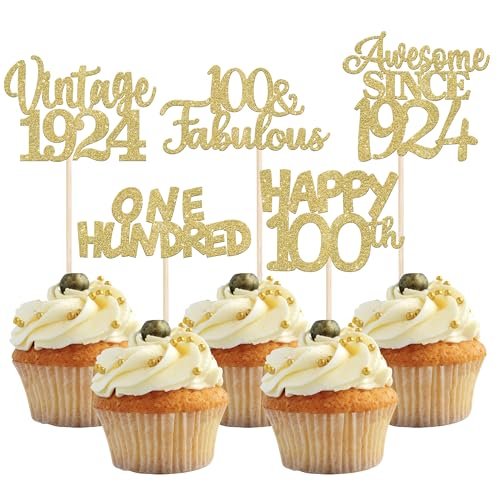 30 Stück Vintage 1924 Cupcake Toppers Glitzer Happy 100th Geburtstag Tortendeko Cheers to 100 Fabulous One Hundred Kuchen Deko für 100th Geburtstag Hochzeit Jahrestag Party Gold von SYKYCTCY