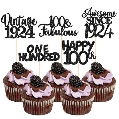 30 Stück Vintage 1924 Cupcake Toppers Glitzer Happy 100th Geburtstag Tortendeko Cheers to 100 Fabulous One Hundred Kuchen Deko für 100th Geburtstag Hochzeit Jahrestag Party Schwarz von SYKYCTCY